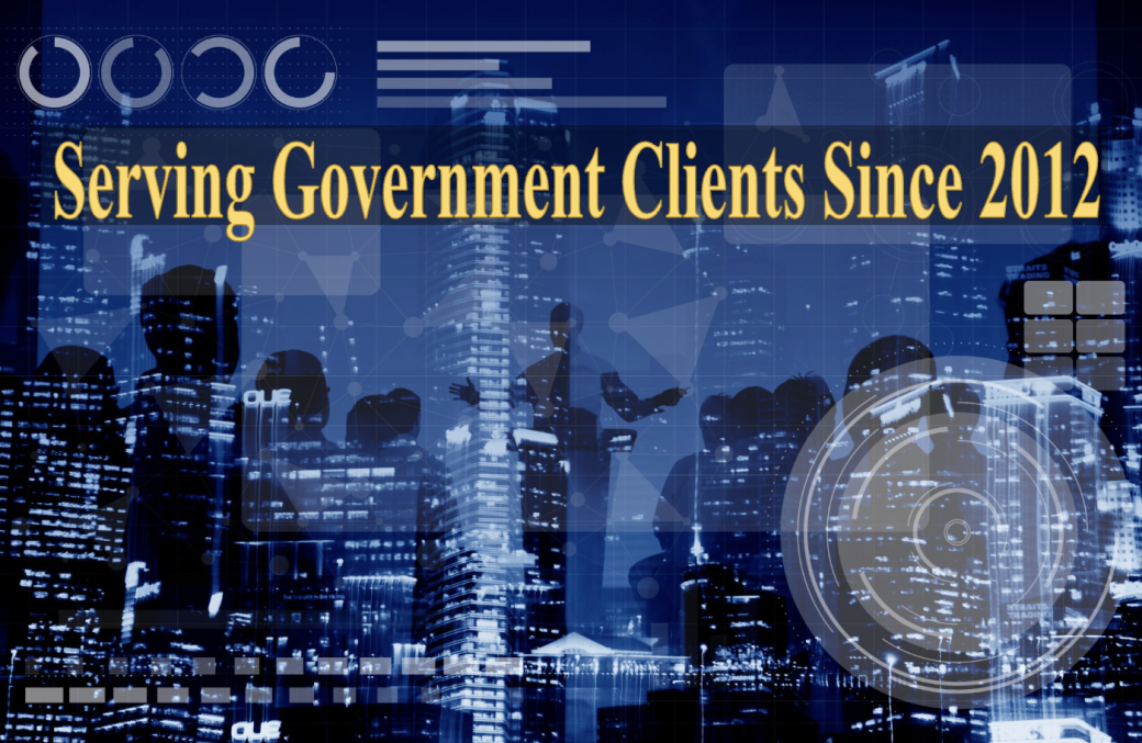 Buildings and icons with 'Serving government clients since 2012' text